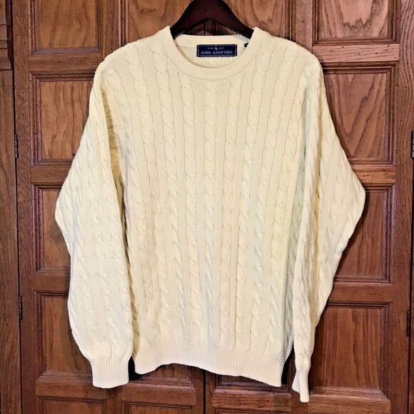 Vintage John Ashford Cable Knit Pullover Sweater Men's Large Yellow Cotton Crew - Picture 2 of 9